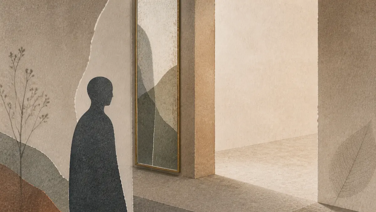A paper-collage figure in dark grey stands at the edge of a warm sunlit doorway beside a tall gilt-framed mirror, dried stems sketched faintly on the wall behind.