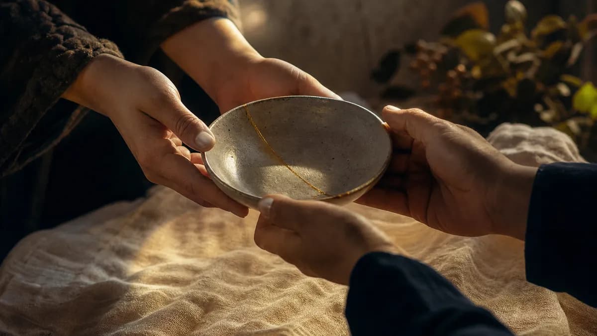 Two pairs of hands hold a kintsugi bowl mended with gold between them in warm side light.