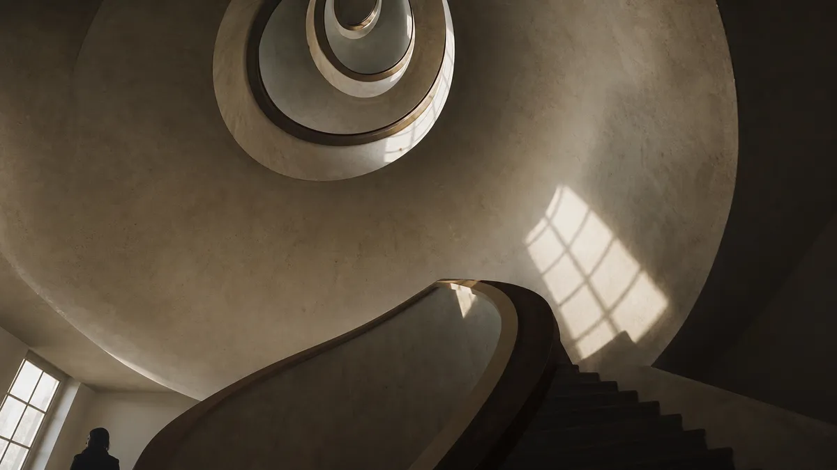 Looking up into a pale spiral staircase that coils toward the light, a small figure standing far below by a window.