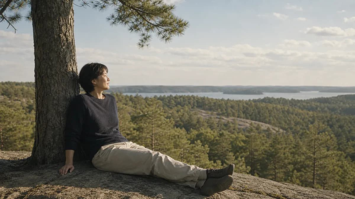 A woman rests against a tall pine on a rocky overlook, gazing over forested islands and calm water.