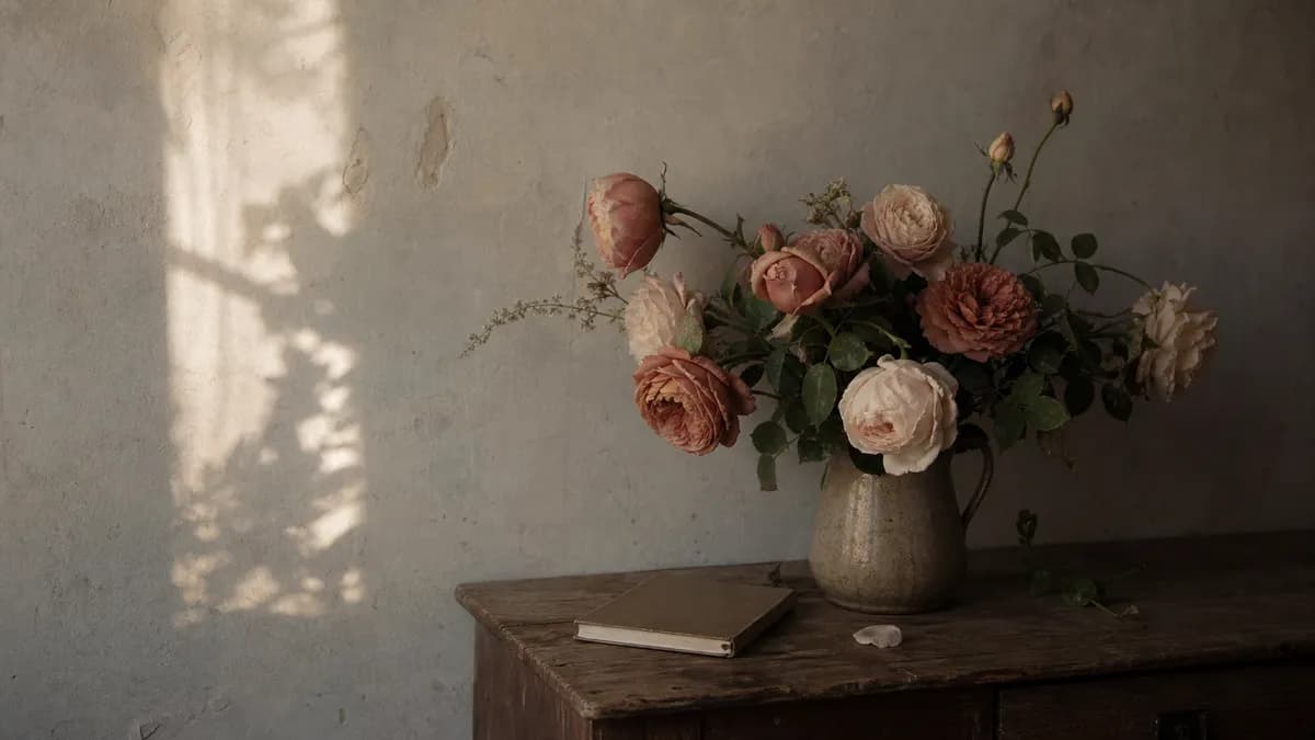 A loose bouquet of dusky pink roses in a stoneware pitcher on a wooden table beside a small closed journal, soft light on the wall.