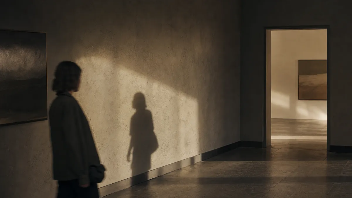 A person stands in a quiet sunlit gallery, their own shadow cast large on the wall, a doorway of light beyond.