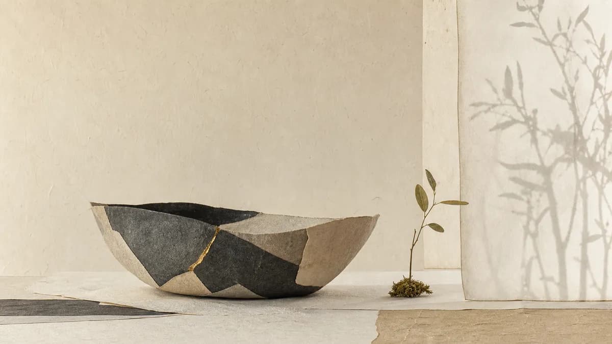 A cracked bowl mended with gold seams sits beside a single green sprout rising from moss on pale paper.