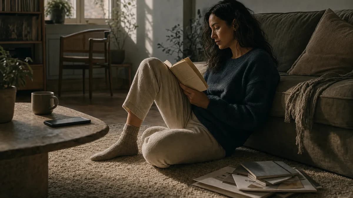 A woman sits on the floor against a sofa in soft window light, reading, with a mug and a face-down phone on the low table beside her and a stack of notebooks on the rug.