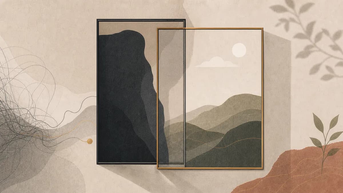 Two overlapping framed landscapes in muted earth tones, a tangled line unwinding into a single gold thread across paper-textured shapes.