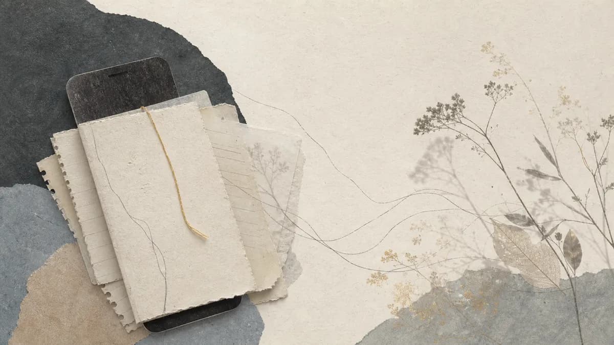 A dark phone lies beneath a stack of torn handmade journal papers bound with a gold thread, dried botanical shadows trailing across the paper.