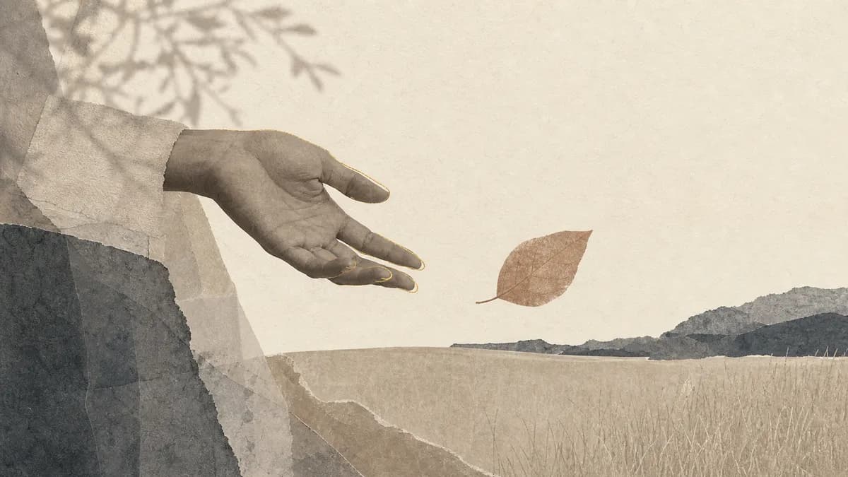 An open collaged hand lets a single autumn leaf drift free over a quiet paper field.