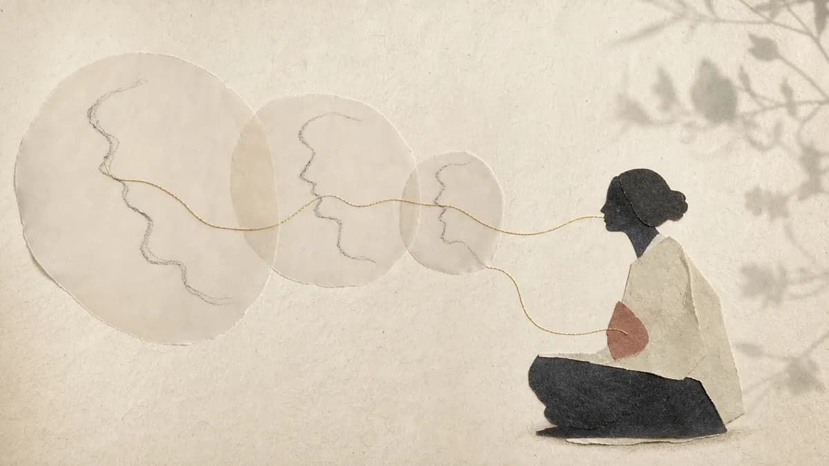 A seated figure in meditation sends a fine gold thread out to overlapping translucent circles, each holding a sketched profile, the tangle of faces smoothing into a single calm line.