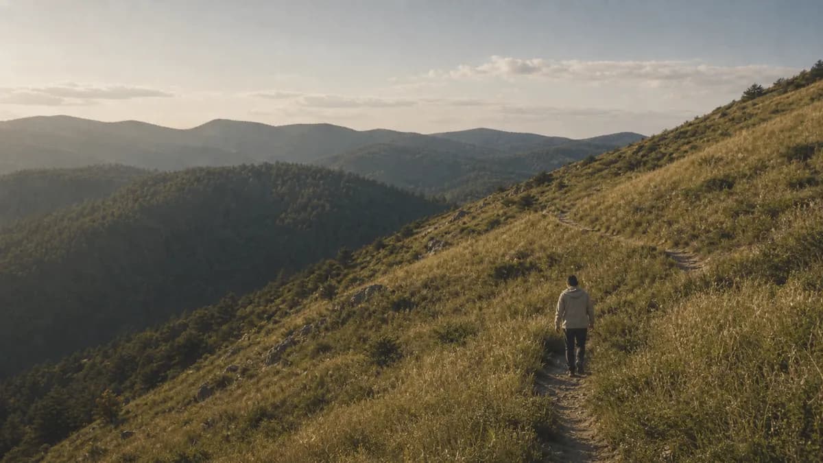 A person follows a narrow trail along a golden grassy ridge, wooded hills rolling into the morning haze.