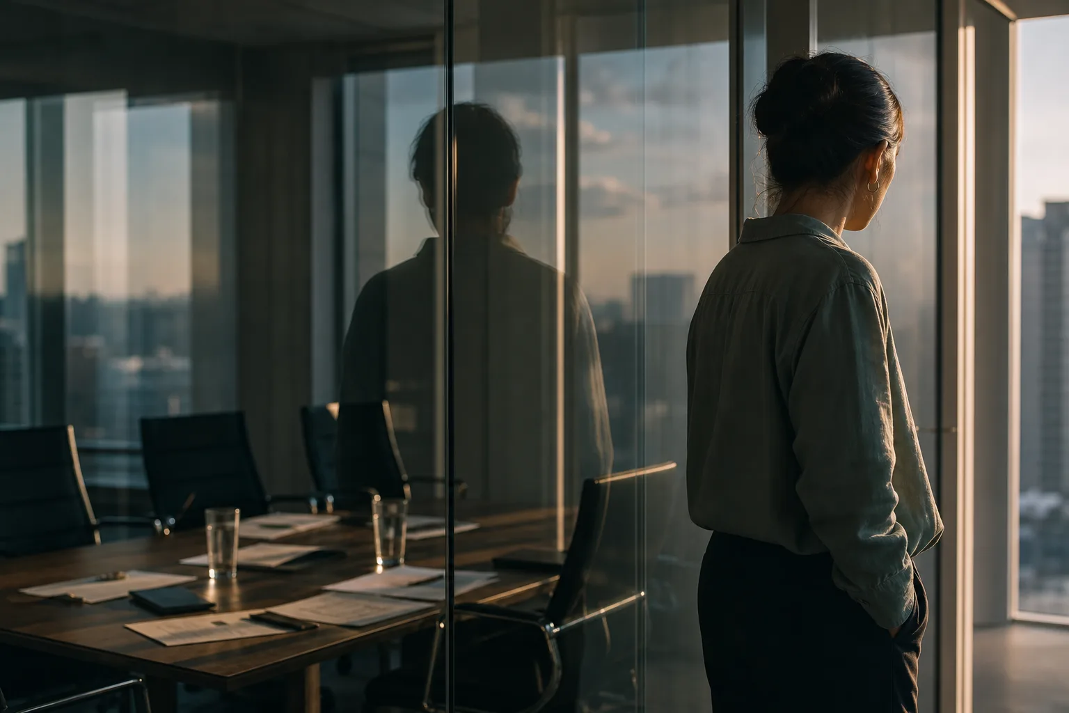 A woman stands beside a glass-walled conference room after a meeting, her reflection visible beside papers left on the table in late-afternoon light.