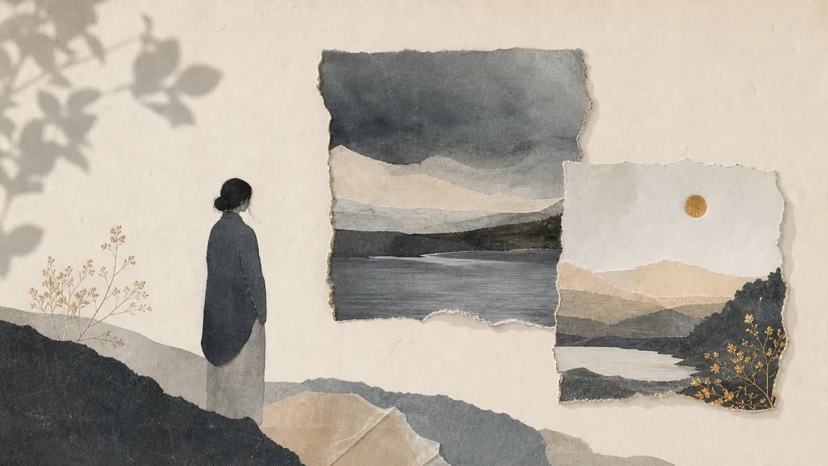 A paper-collage figure stands looking at two framed torn-paper landscapes of hills, water and a gold sun.