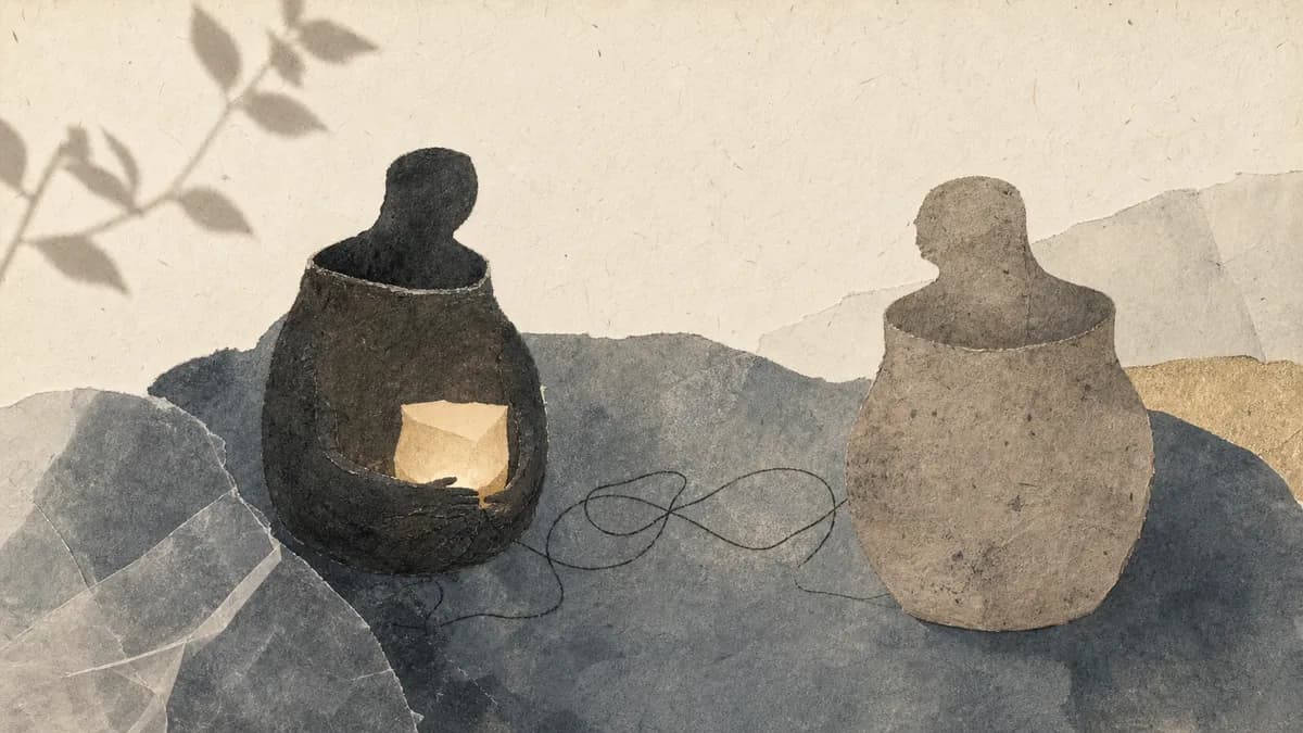 Two vessel-shaped figures sit facing each other on paper hills, one cradling a warm light within, joined by a loose thread.