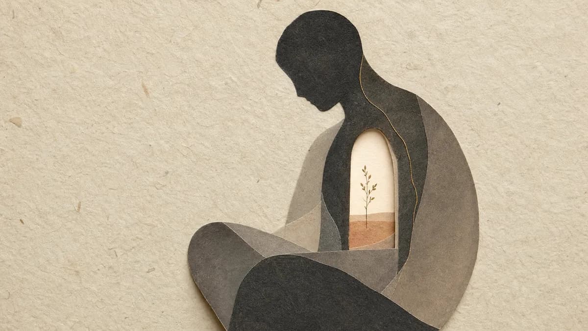 A seated paper-collage figure curls around a small arched opening at its centre where a single golden sprig grows.