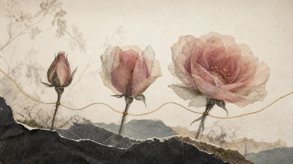Three roses in torn-paper watercolour collage progress from tight bud to full open bloom along a gold thread, dark hills below.