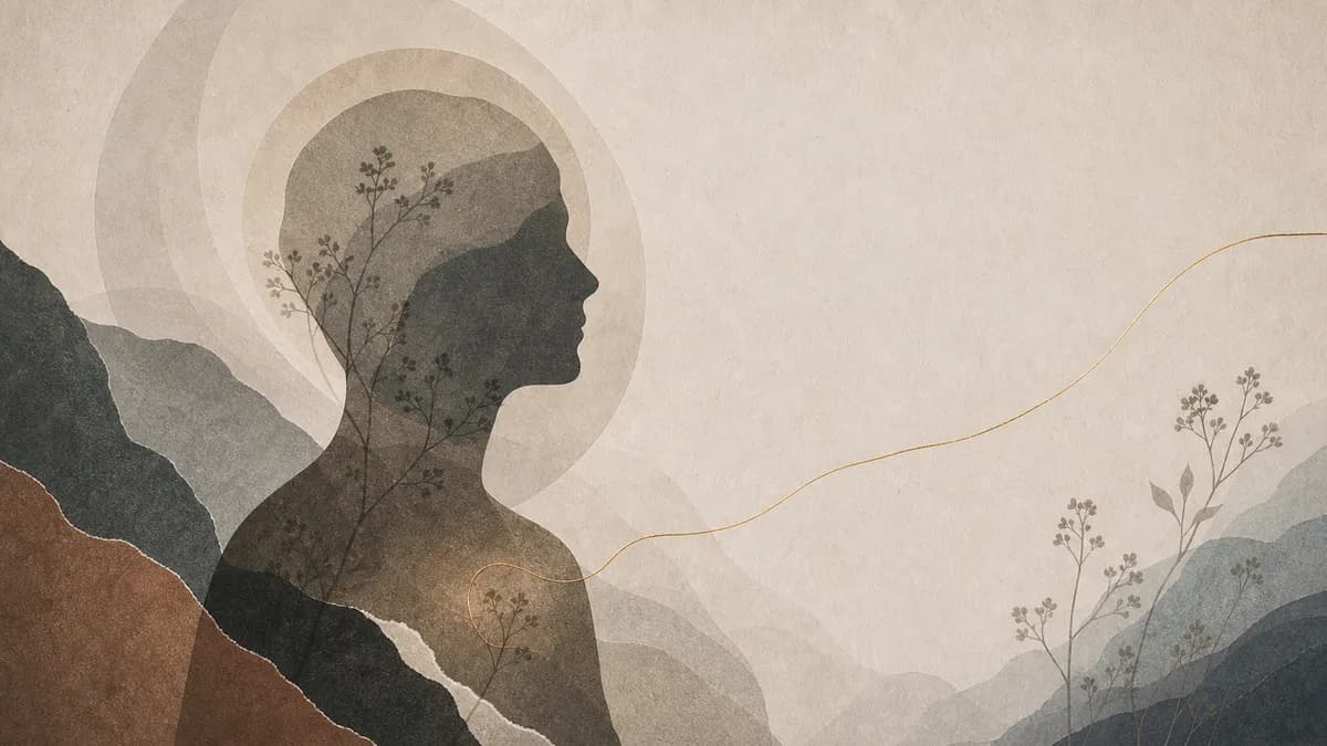 A head in profile haloed by concentric rings of light, delicate sprigs and mountains layered within the silhouette.