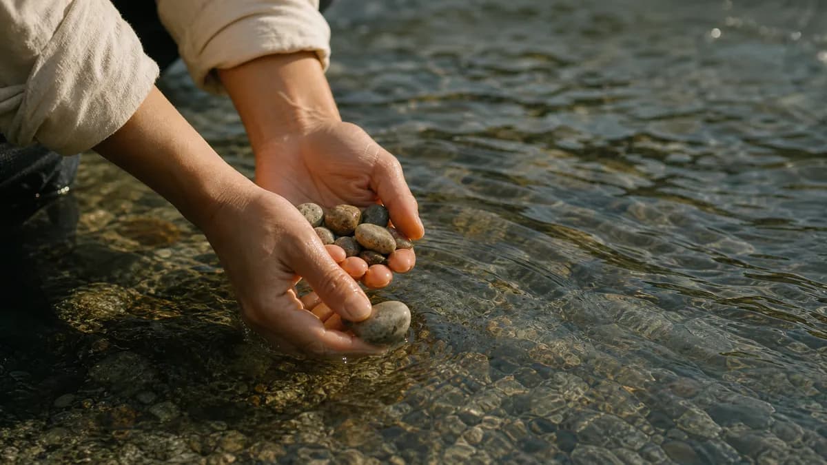Two cupped hands hold small pebbles just above clear, shallow water at the shore.