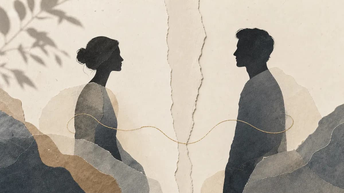 Two paper-cut silhouettes face each other across a vertical tear in the paper, still joined by a single gold thread.