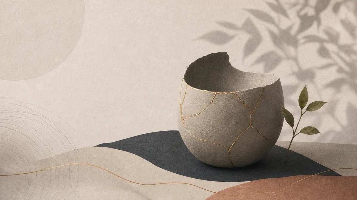 A cracked stone vase mended with gold seams stands beside a single green sprig on soft paper hills.