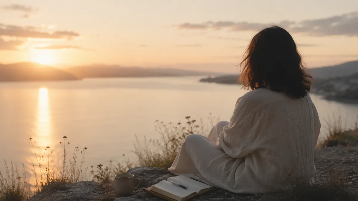 A woman sits on a hilltop at sunset with an open journal and a mug, looking out over a calm lake in golden light.