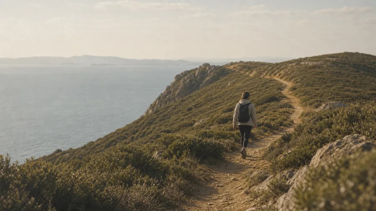 A lone hiker with a small backpack walks a winding headland trail high above a calm hazy sea.