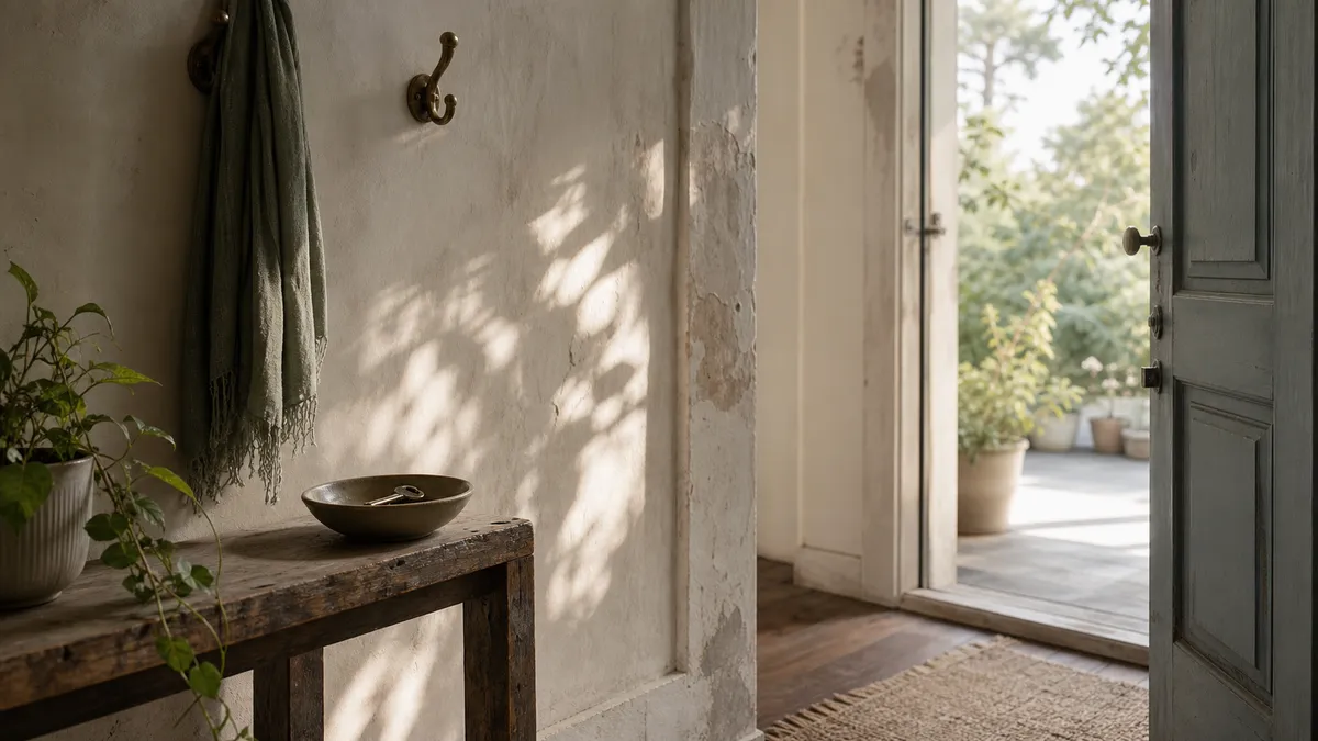 An open door frames a sunlit terrace with soft greenery beyond.