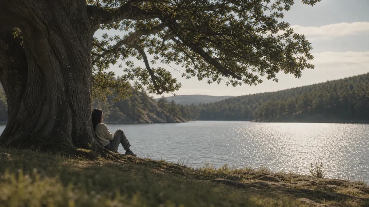 A woman leans against the trunk of a great tree at the edge of a glittering lake, hills across the water.