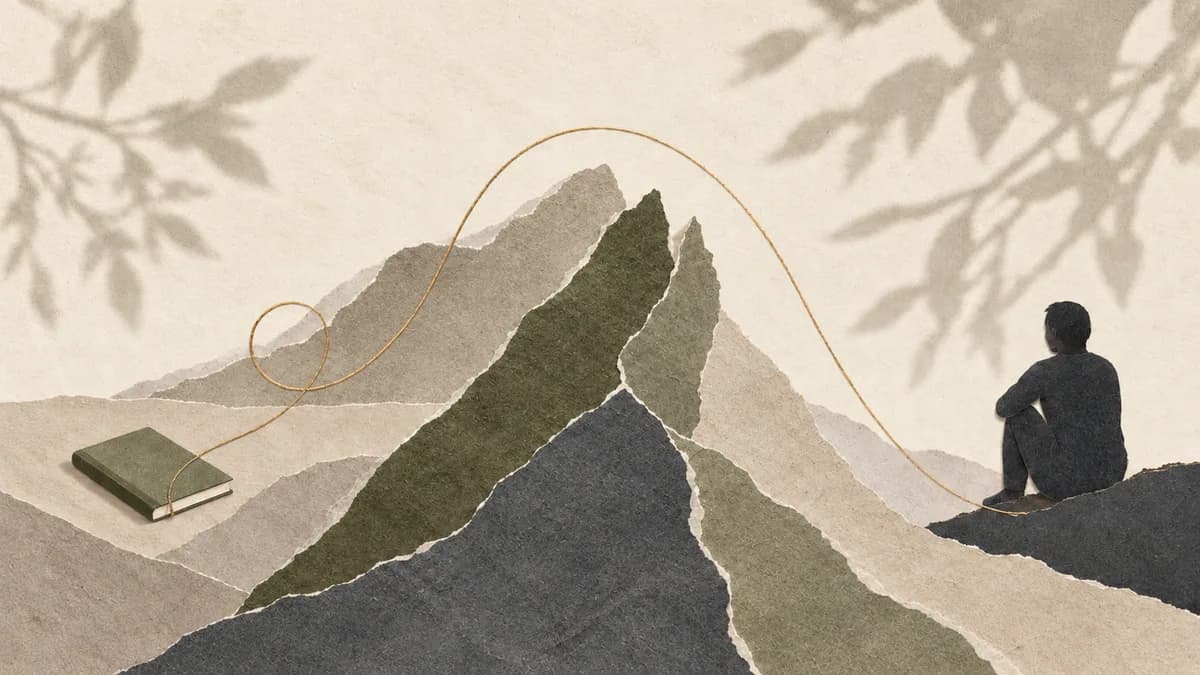 Paper-cut illustration of a figure seated on a torn-paper ridge, back turned to a closed notebook, a gold thread looping between them.