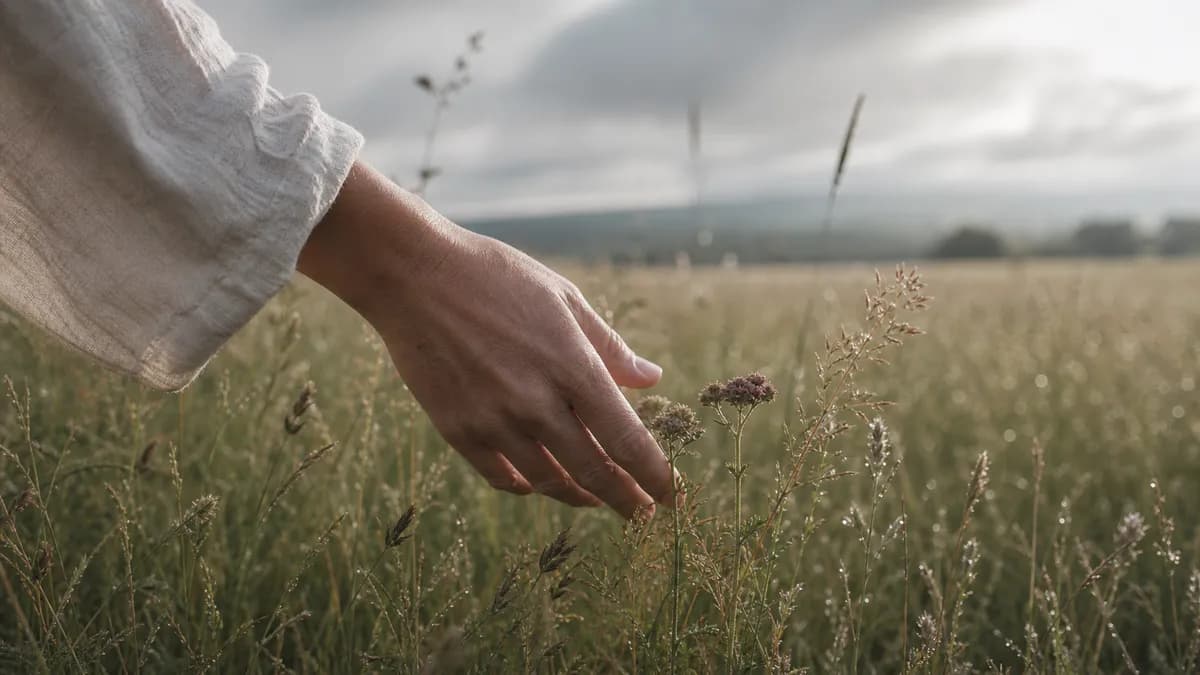 A hand reaches out to brush the tops of tall meadow grasses under a soft, cloudy sky.