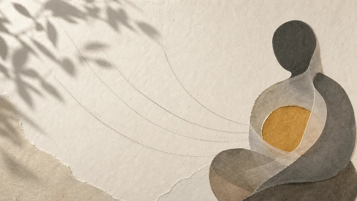 A seated paper-collage figure curls protectively around a glowing gold orb held in its lap, fine threads drifting outward.