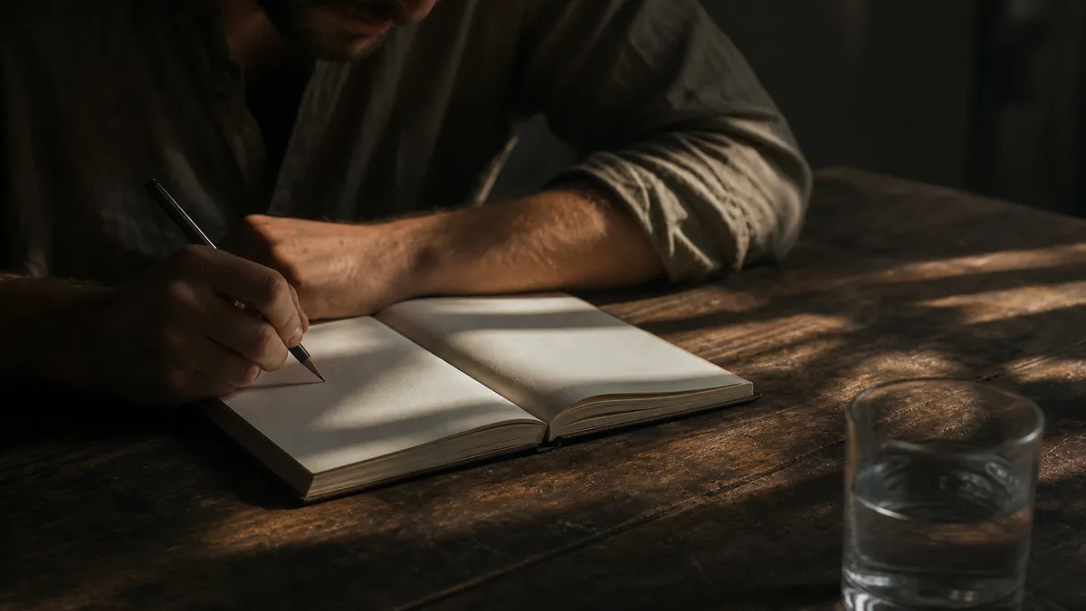 A pair of hands writes in an open journal on a wooden table in warm light.