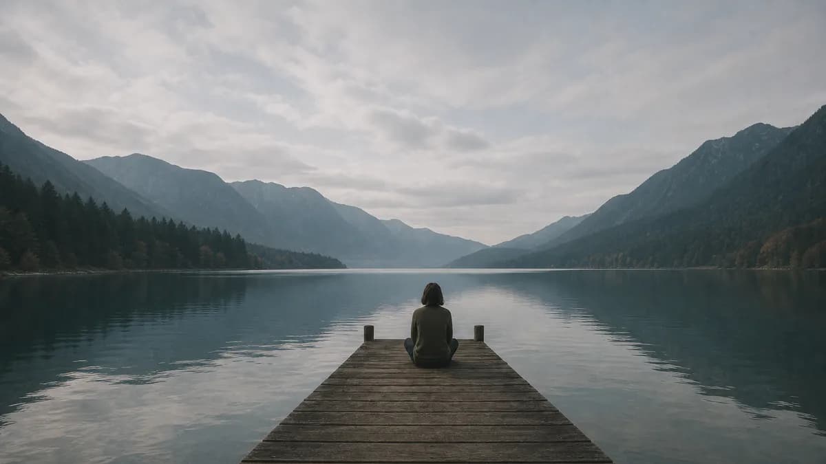A person sits cross-legged at the end of a wooden dock, looking out over a still mountain lake under a soft overcast sky.