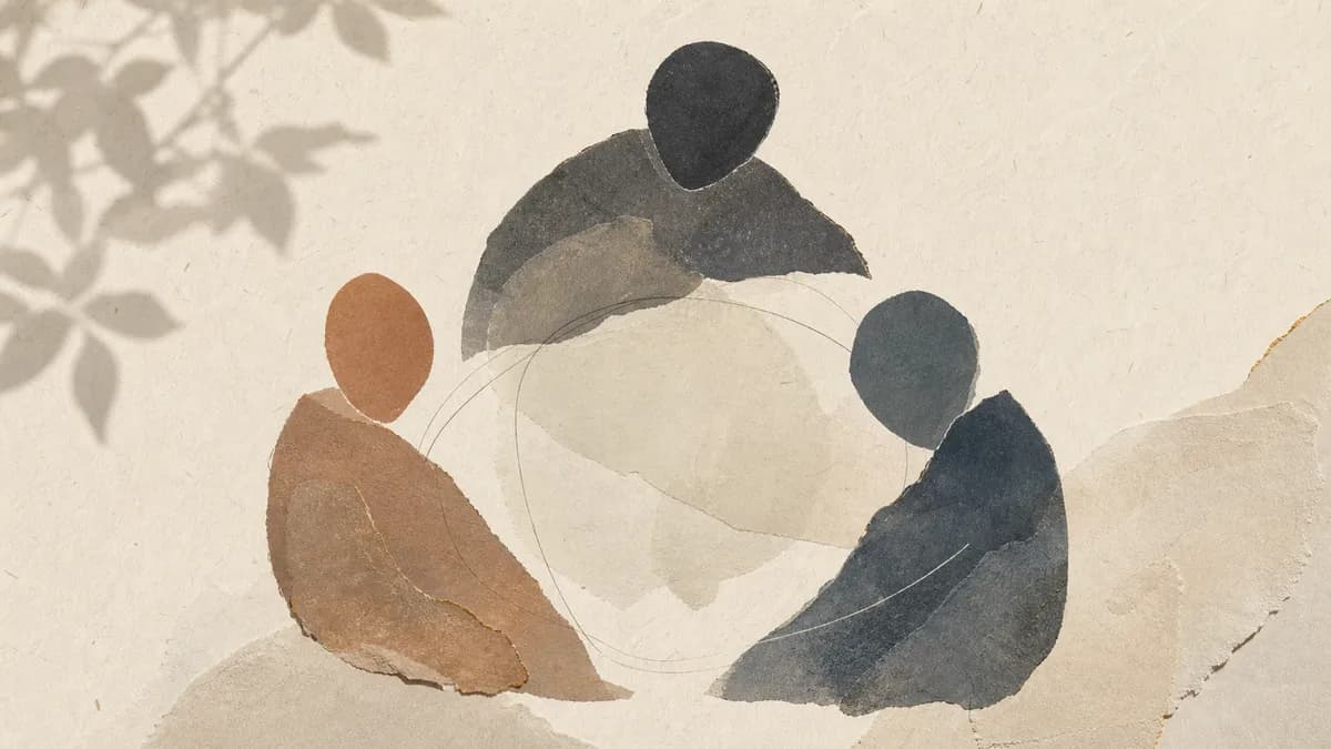 Three abstract paper-collage figures sit facing one another in a loose circle, fine threads connecting them.
