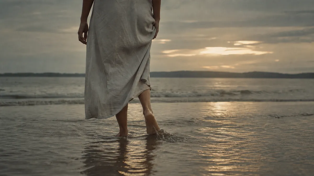 A woman in a linen dress wades through shallow water at the shoreline as the sun sets over the sea.