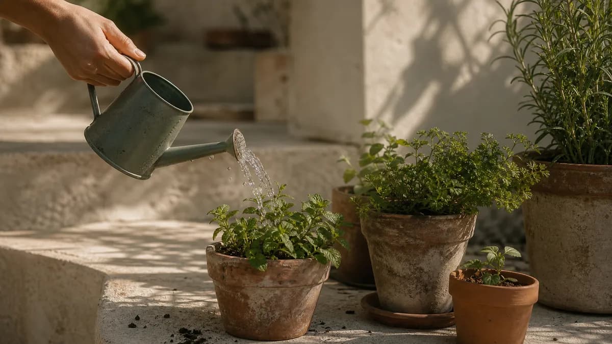 Hands tip a watering can over young potted herbs on a sunlit stone step.