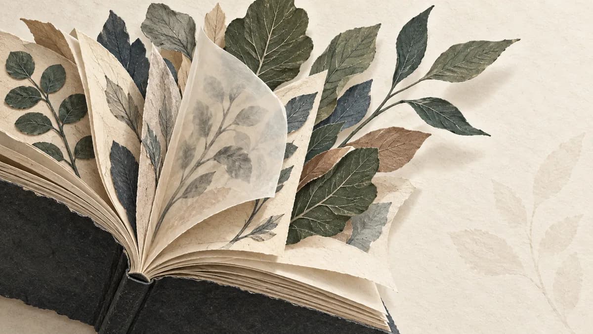 An open book with pressed leaves spilling from its pages.