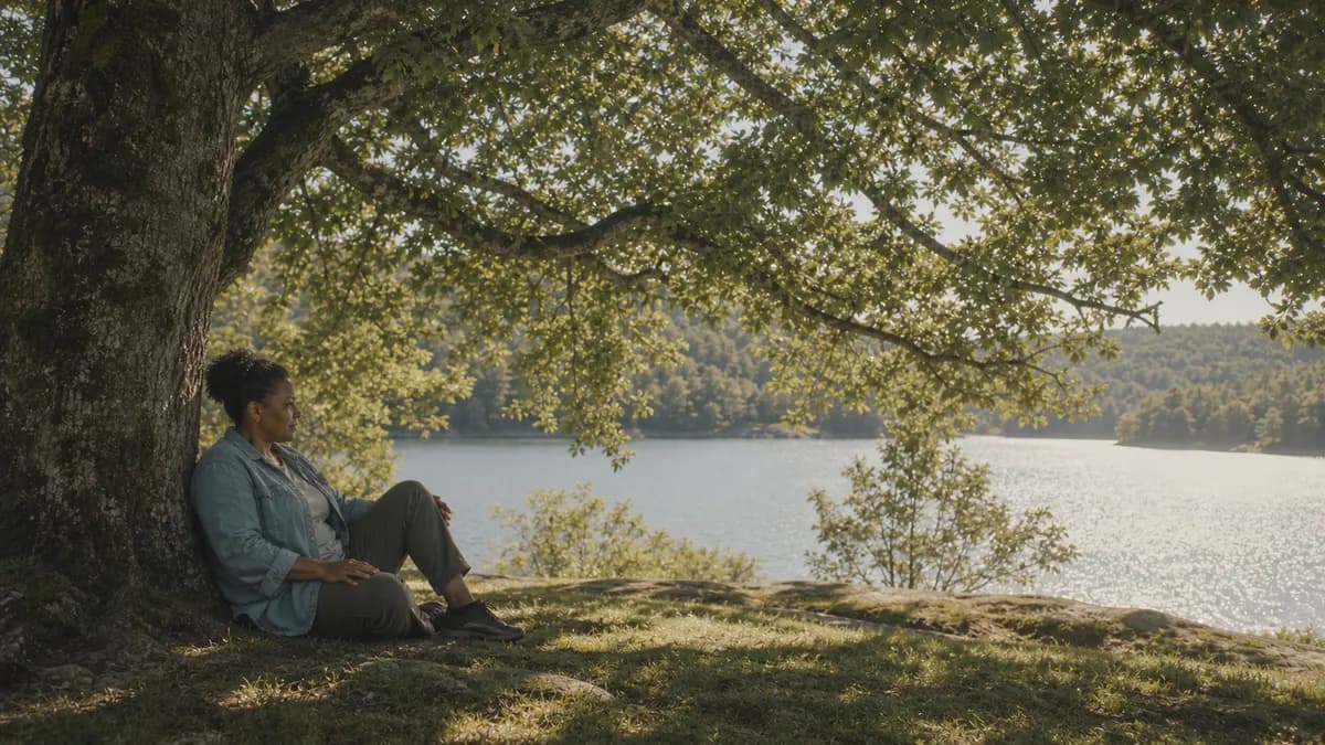 A woman sits resting against a large tree on a grassy bank, looking out over a calm sunlit lake.