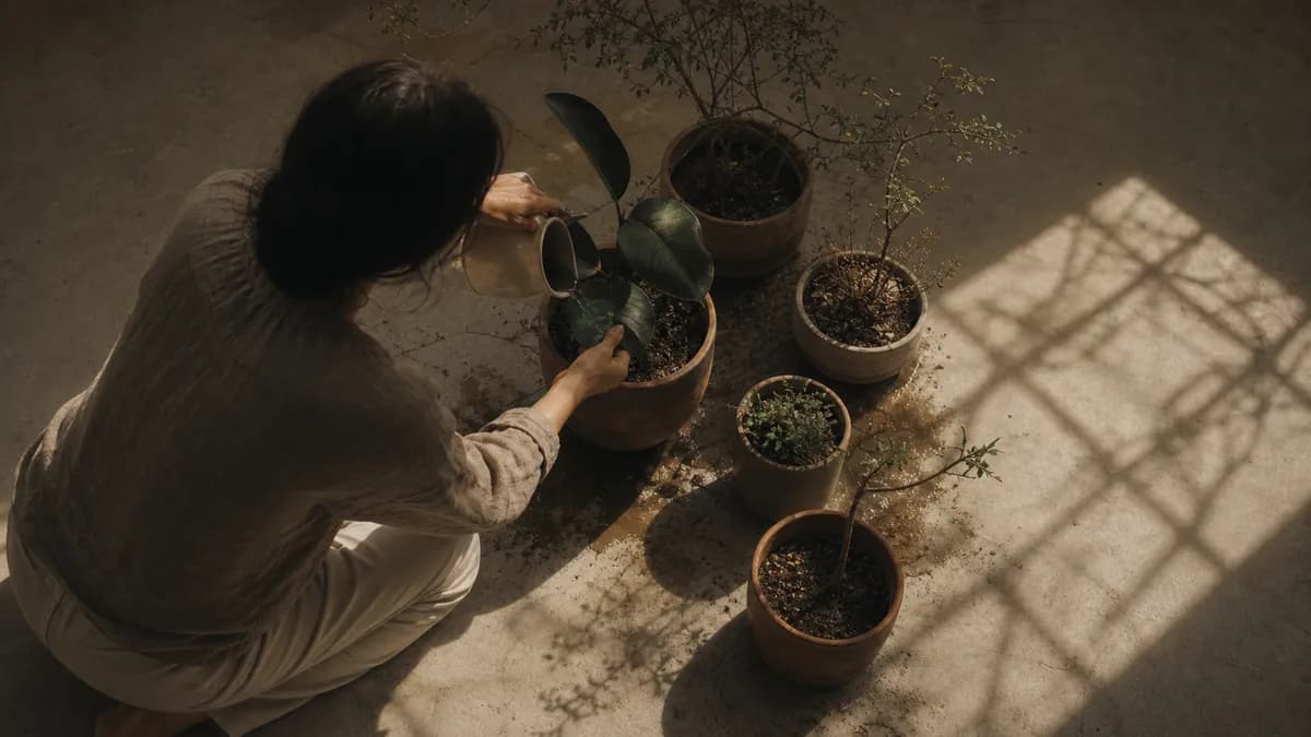 Seen from above, hands sort seeds and dried plants into several small bowls on a sunlit surface.