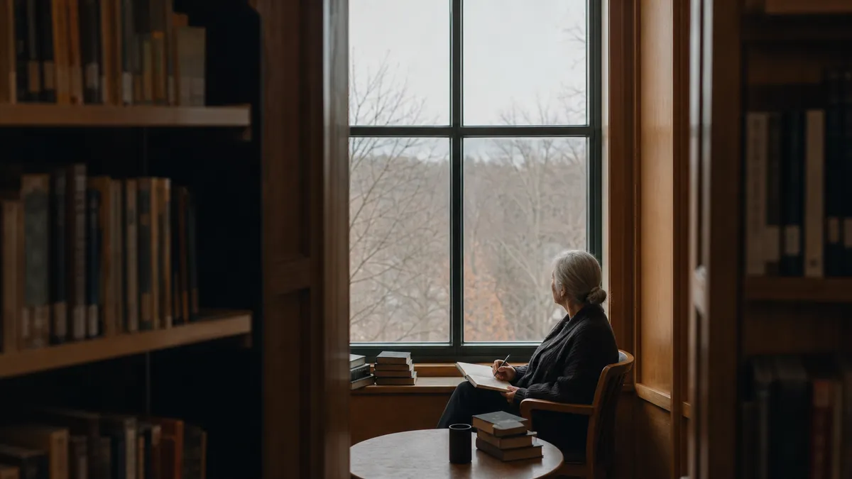 An older woman writes in a notebook in a wood-panelled library window nook, bare winter trees outside.