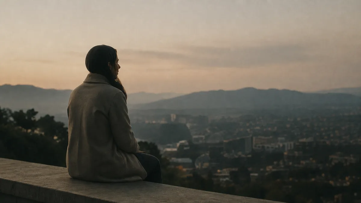 A woman in a pale coat sits on a wall at dusk looking out over a hazy hillside city fading into distant mountains.