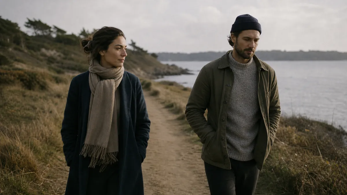 Two people in coats walk a grassy coastal path side by side, the grey sea and headland behind them.