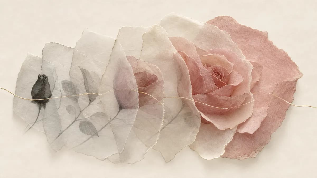 A rose shown from a dark bud to a full pink bloom, built from layered translucent paper petals.