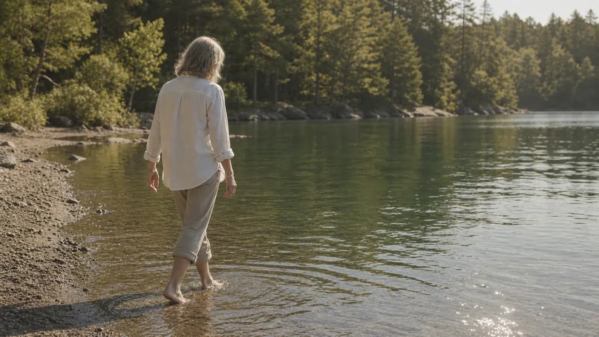 A woman in a white linen shirt wades barefoot at the edge of a calm forest lake, ripples circling her steps in the sunlight.