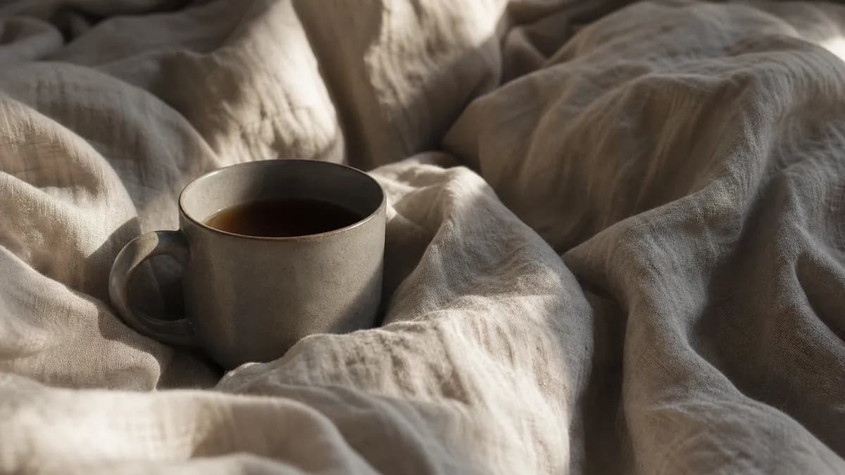 A ceramic mug of tea rests in soft folds of sunlit linen bedding, warm morning light across the fabric.