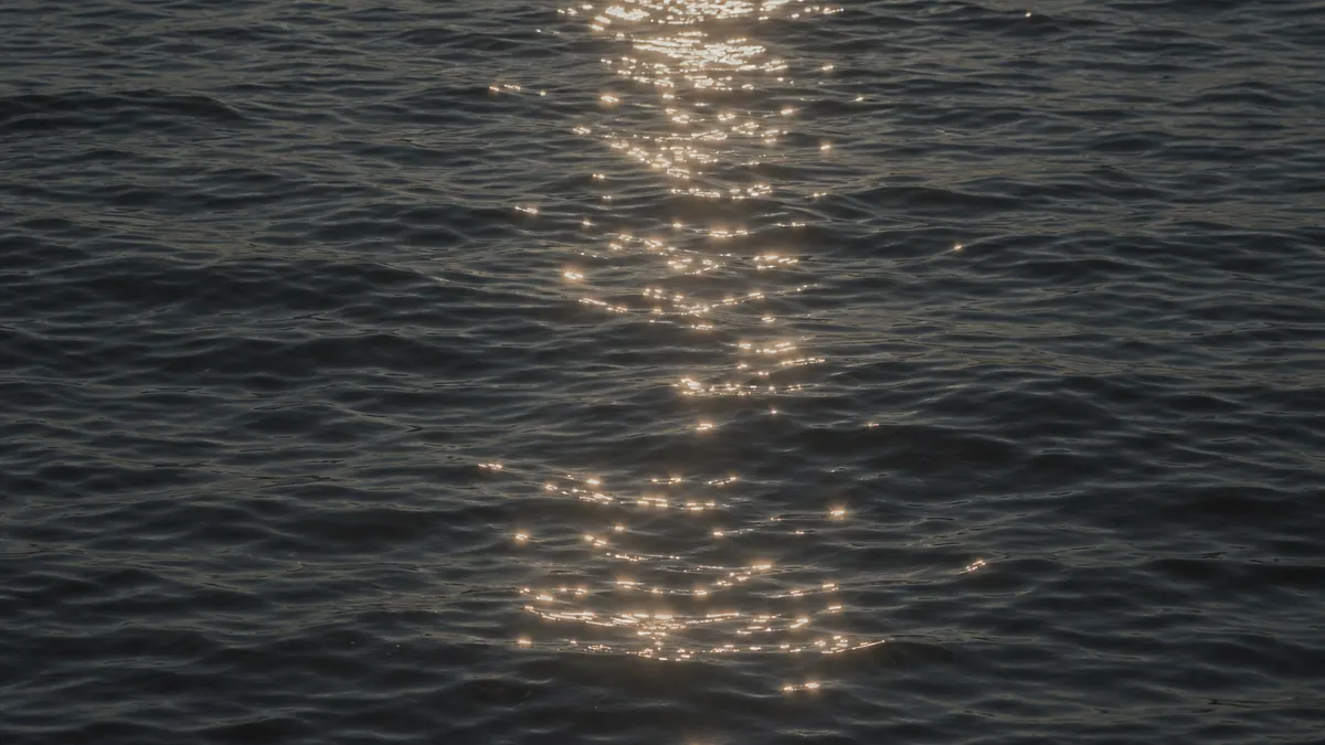 A shimmering path of golden sunlight scatters across gently rippling dark water.