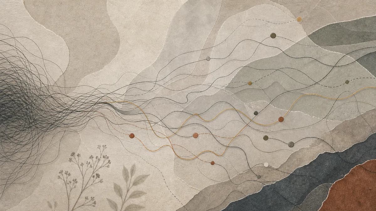 Fine dark threads unravel from a tangled knot into orderly dotted lines across layered paper hills.