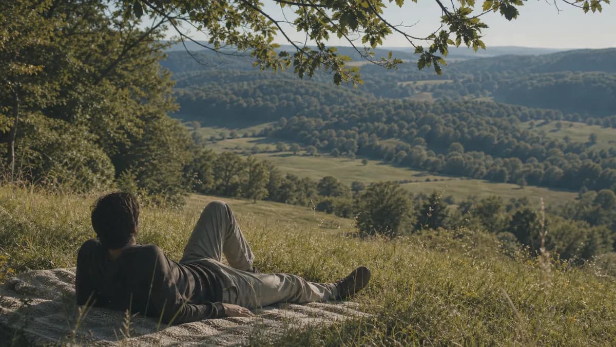 A man lies on a blanket in tall hillside grass under an oak, gazing over rolling wooded valleys.