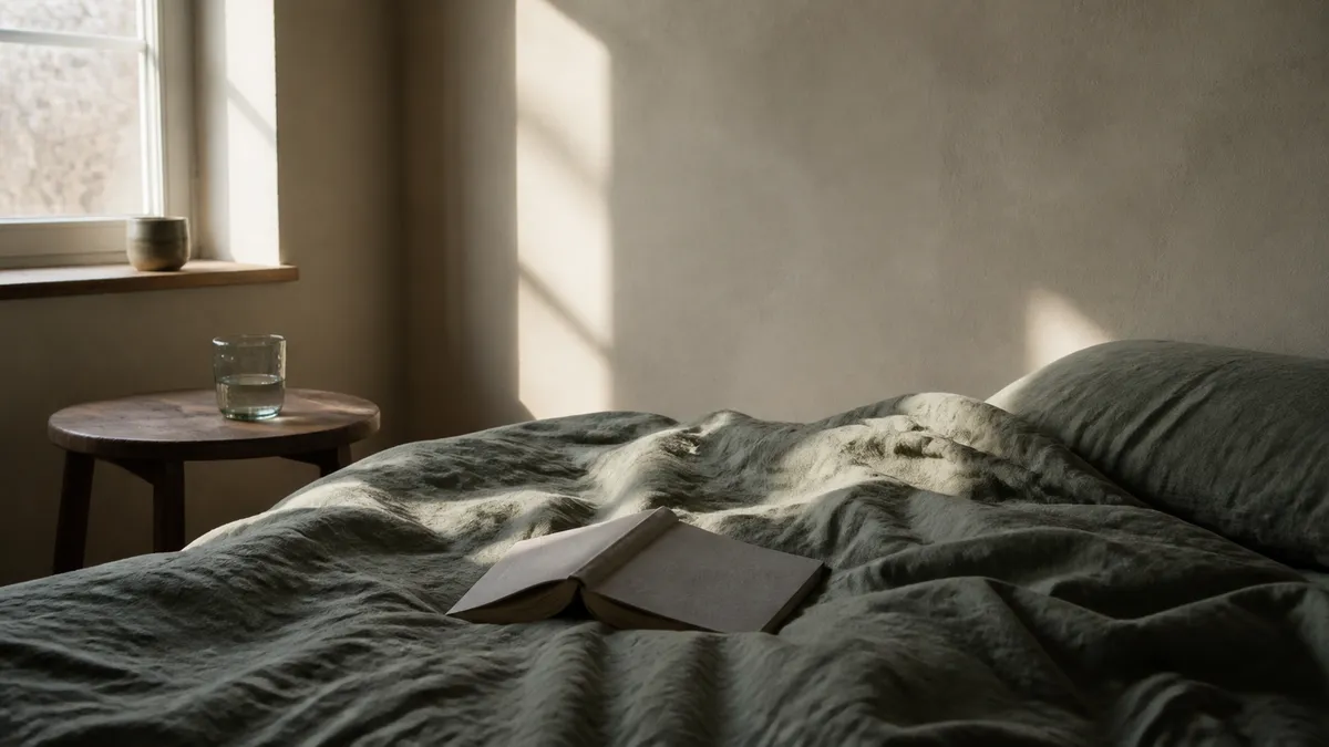 An open book rests on a rumpled green-grey bed in soft morning light, a glass of water on a stool by the window.