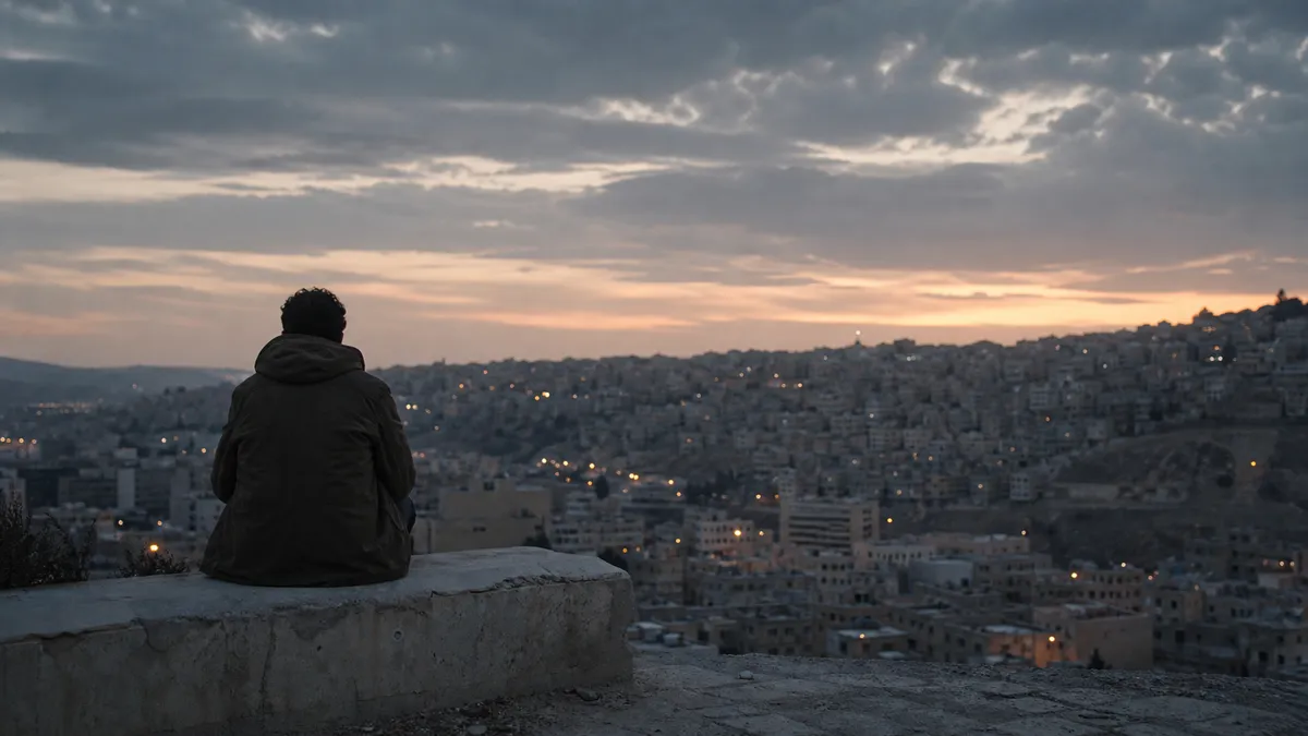 A man in a coat sits on a low wall at dusk looking out over a hillside city as its lights begin to glow.