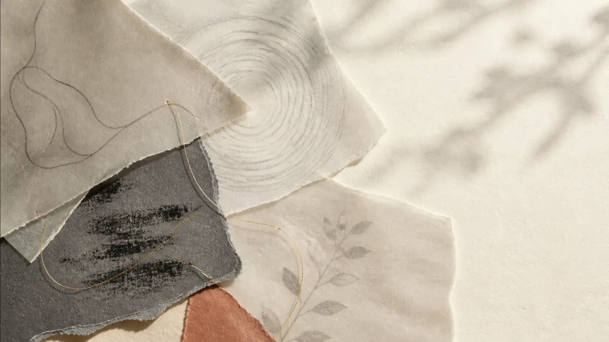 Layered handmade paper in warm neutrals, marked with charcoal lines, concentric circles, a botanical sketch, and a loose strand of gold thread.