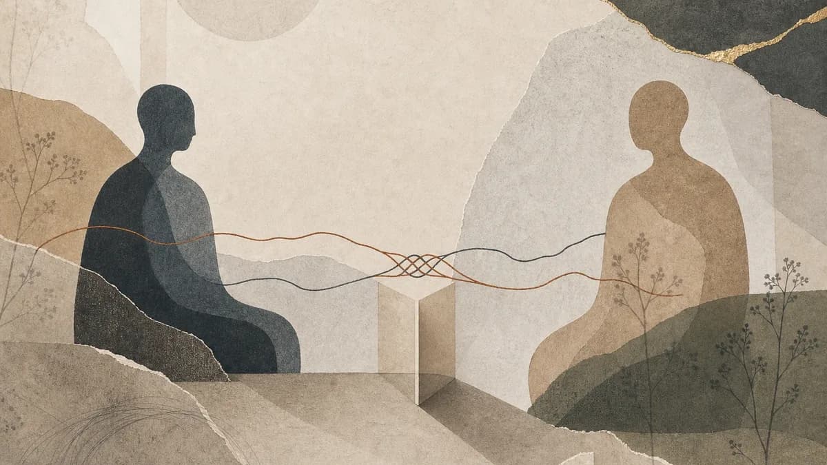 A torn-paper collage of two figures seated facing each other across a gap, with a rust thread and a slate thread running between them and braiding together in the middle.